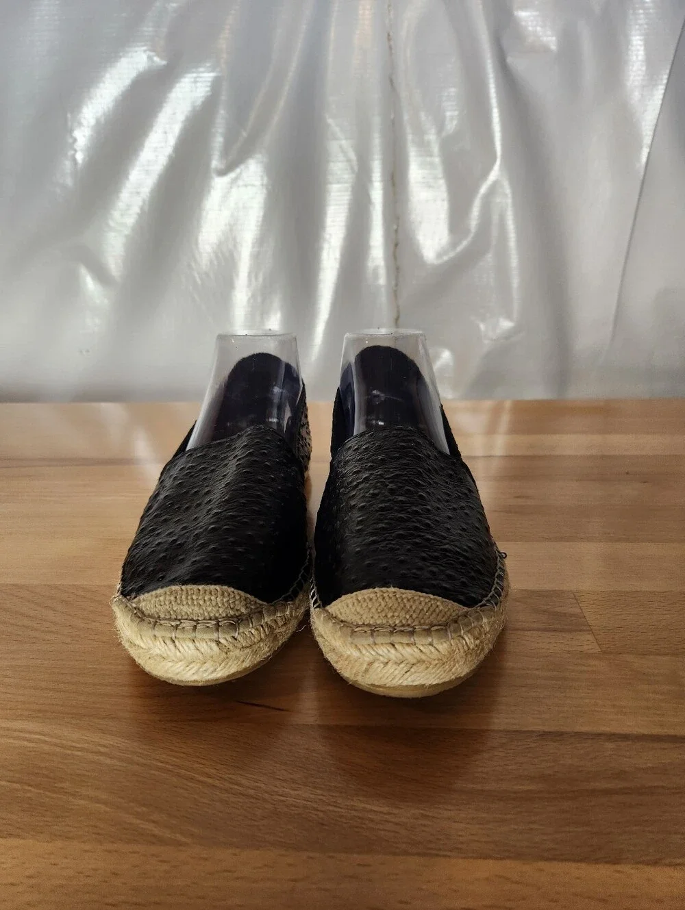 Fabiolas Womens Black Ostrich Leather Espadrille Flats Slip On Size US 9.5 EU 41